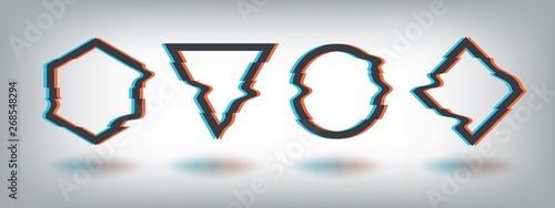 Glitch effect frames. Distorted noise shape, vhs tv defect, dynamic abstract music logo, circle square triangle static video vector set