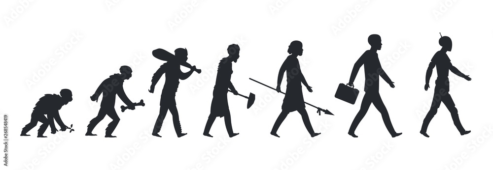 Human evolution silhouette. Monkey ape and caveman to businessman growing concept. Vector mankind development and evolution men