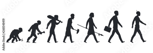 Human evolution silhouette. Monkey ape and caveman to businessman growing concept. Vector mankind development and evolution men