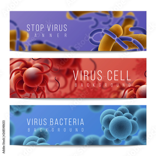 Viruses and bacteria banners. Germs infection and microbiology 3D objects, fever and flu horizontal banners. Vector 3d micro cells infections concept set