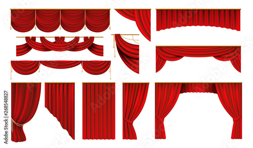 Realistic red curtains. Cinema and theater stage borders, 3D elegant backdrop folding drapery. Vector movie and opera interior silk photo
