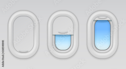 Airplane windows. Aircraft portholes with blue sky and fuselage background, vector open closed and half closed types of plane window in wall aeroplane