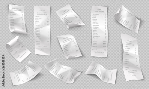 Realistic receipt. Restaurant bill, shop and supermarket paper receipts, purchase invoice. Vector isolated transaction tickets and vouchers