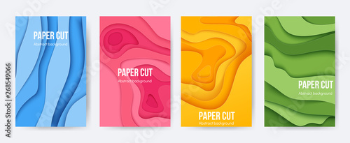Paper cut posters. 3D background with abstract layer forms, minimal origami flyers, liquid paper shapes. Vector colourful cartoon flyers and brochures