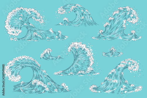 Hand drawn ocean wave. Vintage cartoon sea storm waves, tide water splash isolated elements. Vector swirl tsunami set photo