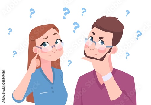 Confused man and woman. Young couple thinking a question, flat man and female, cartoon characters in doubt. Vector illustration ask worried group