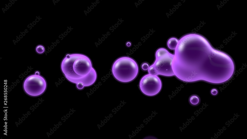 3D illustration of a purple object, a gas cloud of high-temperature plasma. Lots of purple plasma droplets in space. Abstract image of futuristic black background. 3D rendering isolated.