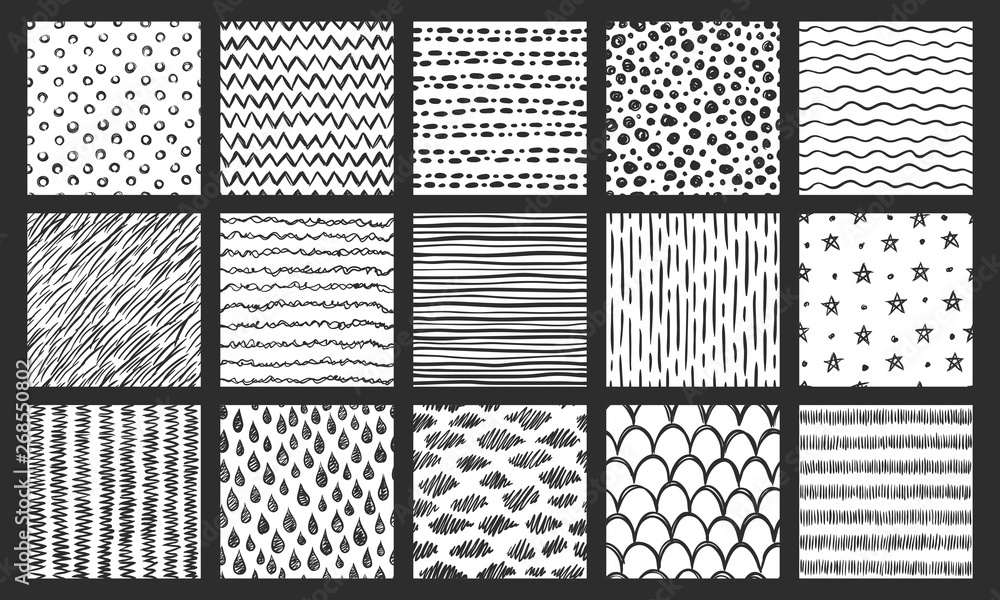 Hand drawn seamless textures. Sketch pattern, scribble doodle texture and curved lines vector patterns set