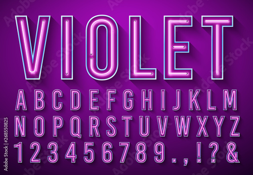 Bright neon letters. Violet glowing font, light box alphabet and neons lights lettering with shadow 3d vector illustration set
