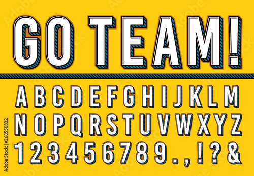 Sport letters font. College sports team typography lettering, sporting fonts alphabet and campus numbers 3d vector illustration set