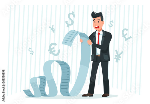 Pay big bill. Businessman holding long bill, shocked by payment amount and paying finance bills cartoon vector