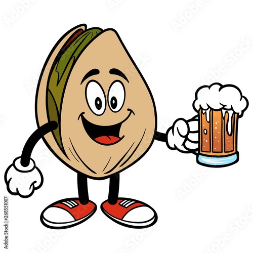 Pistachio Nut with a Beer - A cartoon illustration of a Pistachio Nut mascot.
