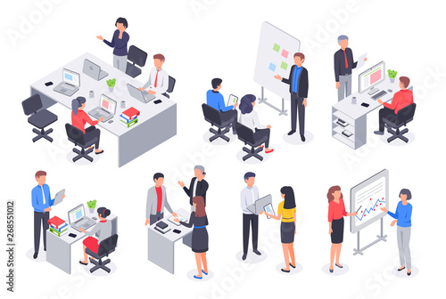 Isometric business office team. Corporate teamwork meeting, employee workplace and people work 3D vector illustration set