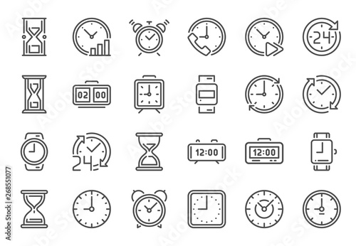 Outline clock icons. Line time, 24 hours clocks and hourglass icon vector set