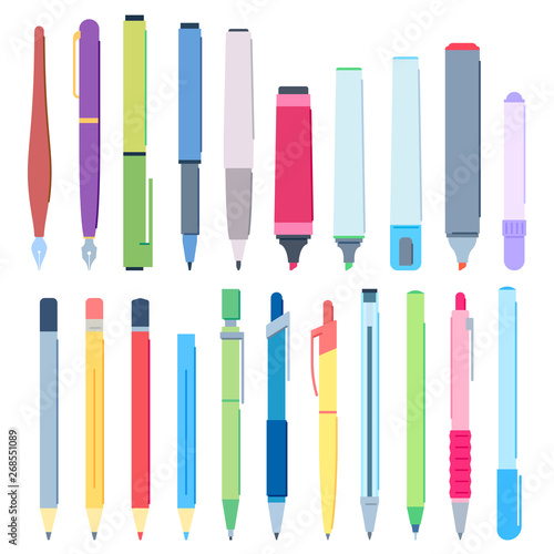Cartoon pens and pencils. Writing pen, drawing pencil and highlighter marker vector illustration set