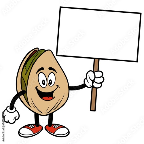 Pistachio Nut with a Sign - A cartoon illustration of a Pistachio Nut mascot.