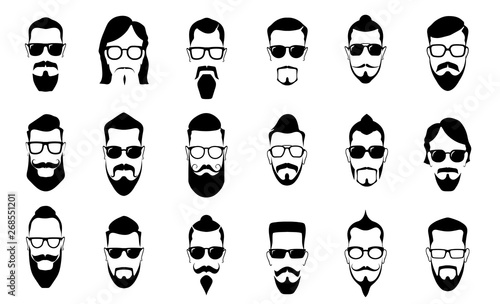Male moustache, beard and haircut. Vintage moustaches silhouettes, man hairstyle and guy face portrait vector silhouette icons set