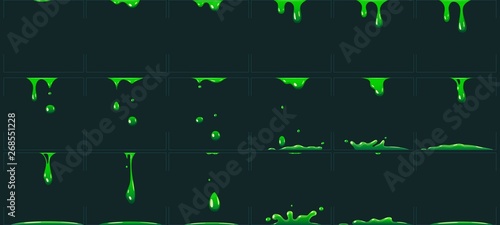 Dripping green slime animation. Cartoon animated toxic waste liquid. Acid or poison drip drop fx sprite vector illustration photo