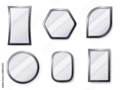 Realistic mirrors. Reflective mirror surface in frame, mirroring glass and round mirror 3D isolated vector illustration