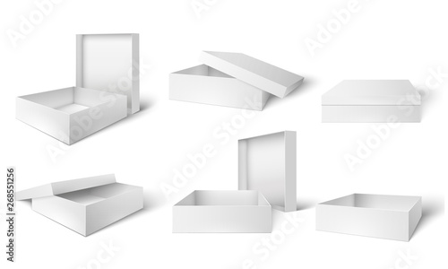 Open and closed packaging box. White cardboard boxes, gift or product package and empty pack 3d isolated vector set