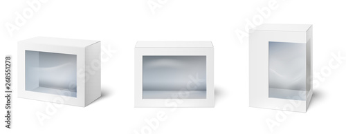 Box with window. Showcase packaging boxes, windows on cardboard package and empty white packages mockup 3d isolated vector set