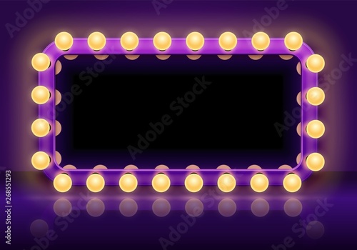 Makeup mirror table. Backstage mirrors lights frame, dressing room mirror with lighting bulbs vector illustration