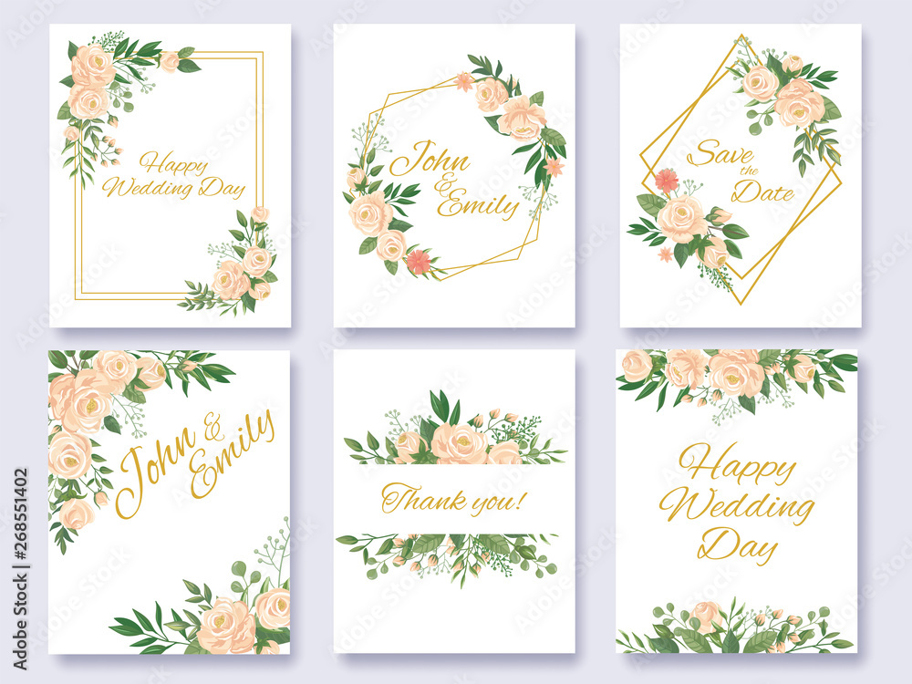 Wedding invitation floral card. Flowers frames, rose flower frame and florals invitations cards template vector illustration set