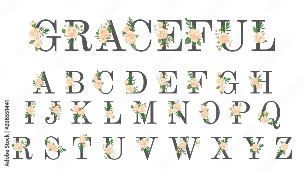 Floral font. Luxury wedding invitation flowers letters, flower stylish alphabet and rose monogram vector illustration set