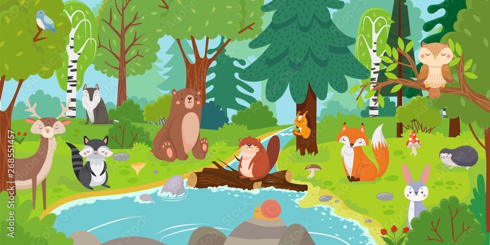 Cartoon forest animals. Wild bear, funny squirrel and cute birds on forests  trees kids vector background illustration Stock Vector | Adobe Stock