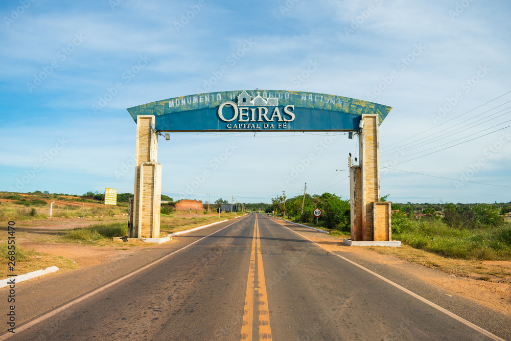 Oeiras, Brazil - Circa May 2019: Road sign at the entrance of Oeiras - written 