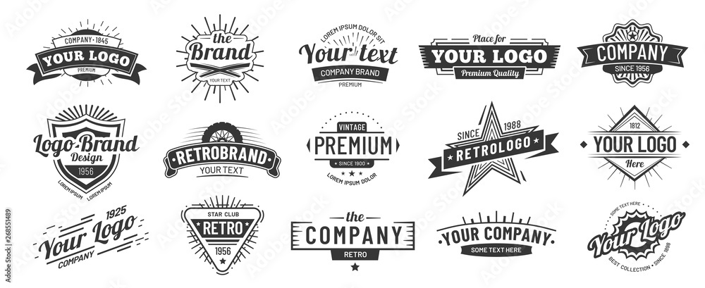 Vintage badge. Retro brand name logo badges, company label and hipster frame vector illustration set