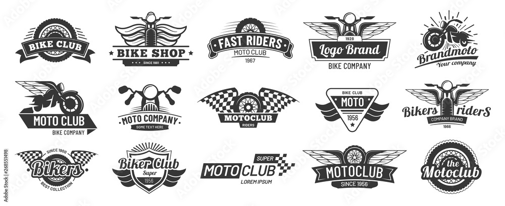 Biker club emblems. Retro motorcycle rider badges, moto sports emblem and  motorbike silhouette badge vector set Stock Vector | Adobe Stock