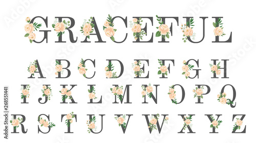 Floral font. Luxury wedding invitation flowers letters, flower stylish alphabet and rose monogram vector illustration set