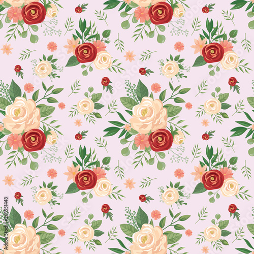 Seamless flowers pattern. Floral print, rose flower buds and roses vector background illustration