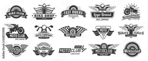 Biker club emblems. Retro motorcycle rider badges, moto sports emblem and motorbike silhouette badge vector set