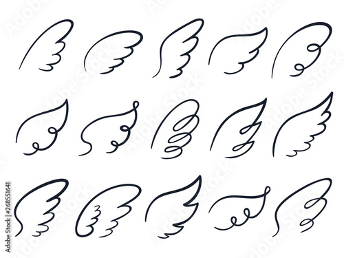 Sketch wings. Hand drawn wing, winged angel feather and wings spread cartoon doodle vector illustration icons set