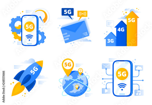 Network 5g. Fifth generation telecommunications, fast internet connection speed and low latency networks vector illustration set