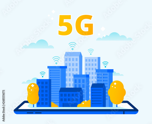 Network 5G coverage. City wireless internet, fifth generation networks and high speed urban 5G connection vector illustration