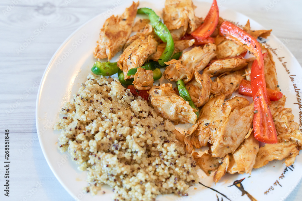 Seitan vegan chicken fillet with quinoa and organic peppers Seitan vegan chicken fillet with quinoa and organic peppers