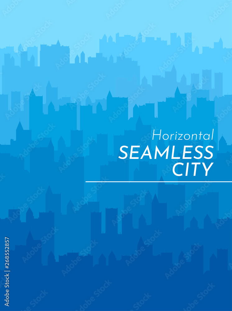 Horizontal seamless pattern. Silhouettes of buildings. Minimalist city. Detailed illustration. City in a flat style. Blue background. Wallpapers in monotone color