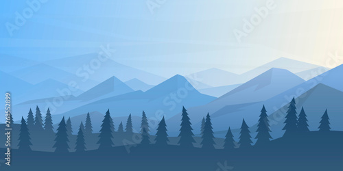 Peaceful landscape. Vector illustration. Minimalist style. Monotone colors. Wallpaper in the natural concept. Silhouettes of the mountains. Slopes, relief. Panoramic image