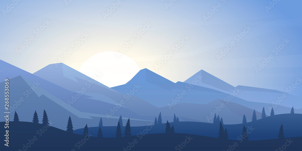 Plakat Peaceful landscape. Vector illustration. Minimalist style. Monotone colors. Wallpaper in the natural concept. Silhouettes of the mountains. Slopes, relief. Panoramic image