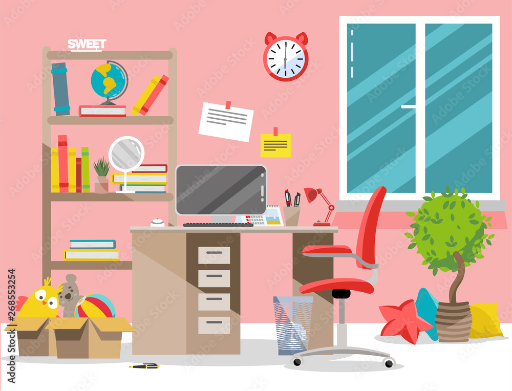 Interior nursery. Girl's room with table, computer, bookshelf,toys in boxes.Flat cartoon illustration.Cozy interior of children's room with plant, furniture, window.Teenager room with workplace Interior nursery. Girl's room with table, computer, bookshelf,toys in boxes.Flat cartoon illustration.Cozy interior of children's room with plant, furniture, window.Teenager room with workplace