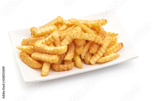 Fried French fries, potato fry, close-up, isolated on white background