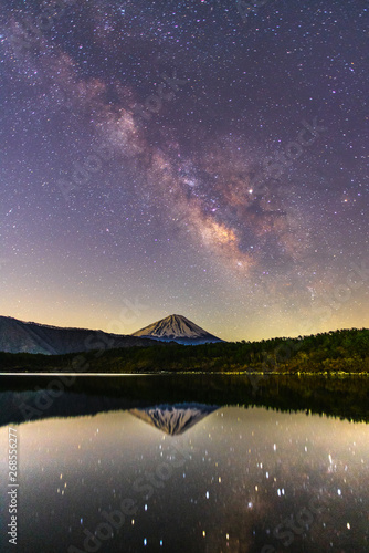 Milky way rising over Fuji mountain at Saiko lake in Japan
