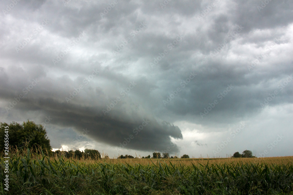 Dark storm clouds above the green grass field Dark storm clouds above the green grass field