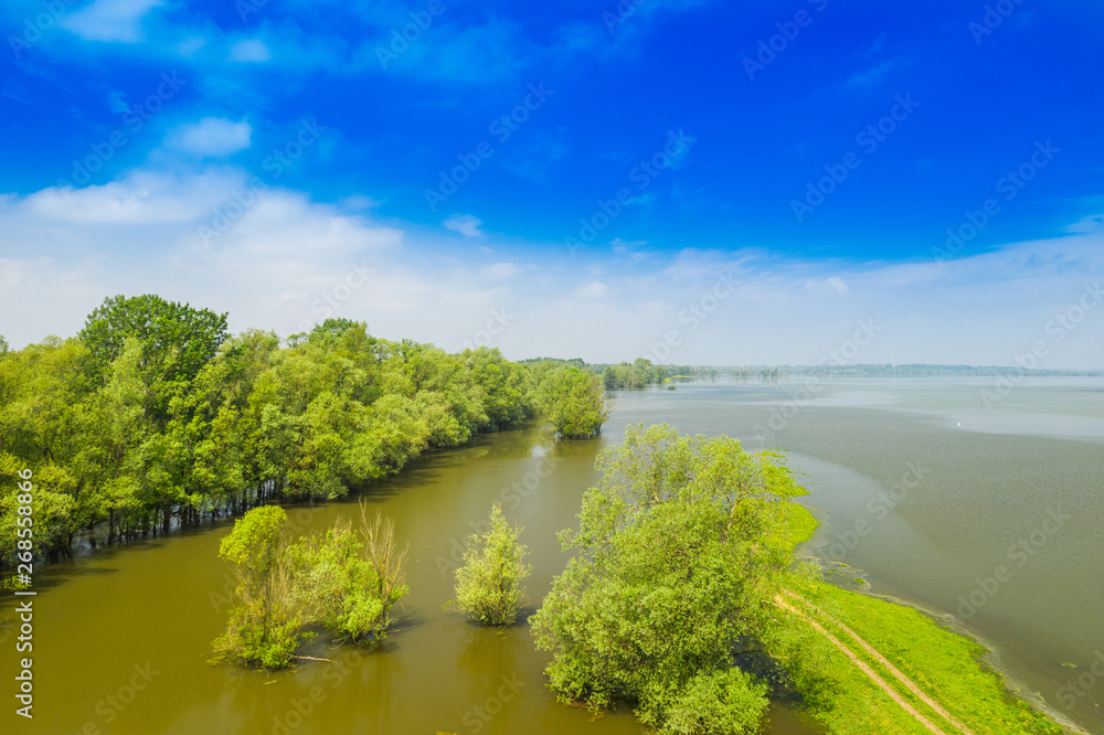Beautiful landscape in nature park Lonjsko polje, Croatia, from air, panoramic view, flooded field in spring