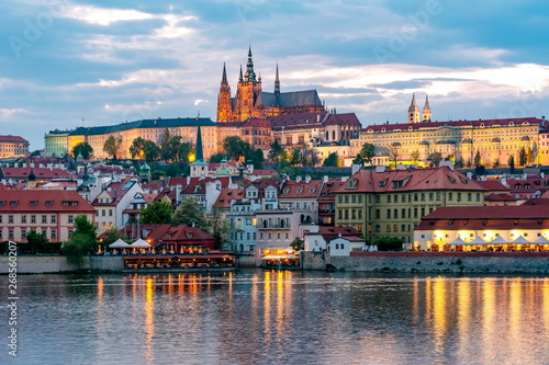 Prague Castle with St. Vitus Cathedral over Lesser town (Mala Strana) at sunset, Czech Republic