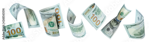Flying money on white background. dollars, banknotes. panorama, banner.