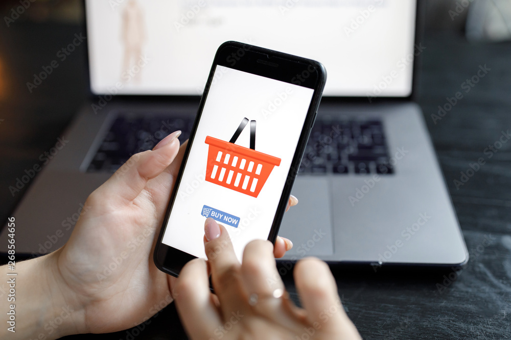 Woman with phone. Online payment. Women hands using smartphone and laptop computer for online shopping. Payment Detail page display. Woman with phone. Online payment. Women hands using smartphone and laptop computer for online shopping. Payment Detail page display.